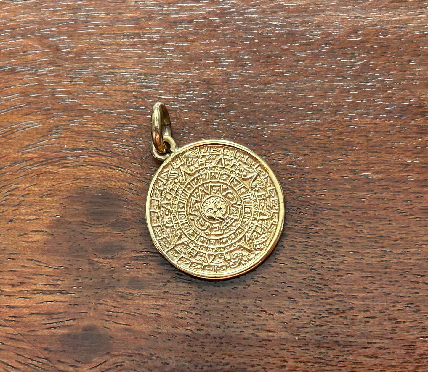 14k Yellow Gold Mayan Aztec Calendar Charm Pendant