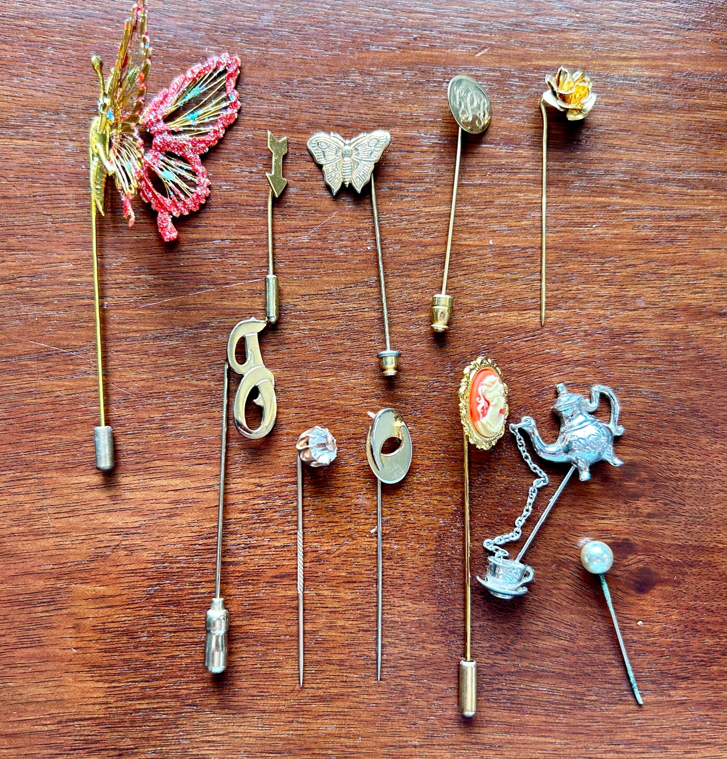 Vintage Stick Hat Pin Lot Avon Teapot Butterfly Rhinestones Cameo Rose Flowers