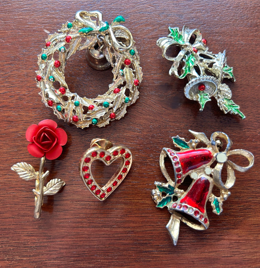 Vintage Brooch Pin Lot Red Green Gold Tone Enamel Flowers Bells Rose Heart