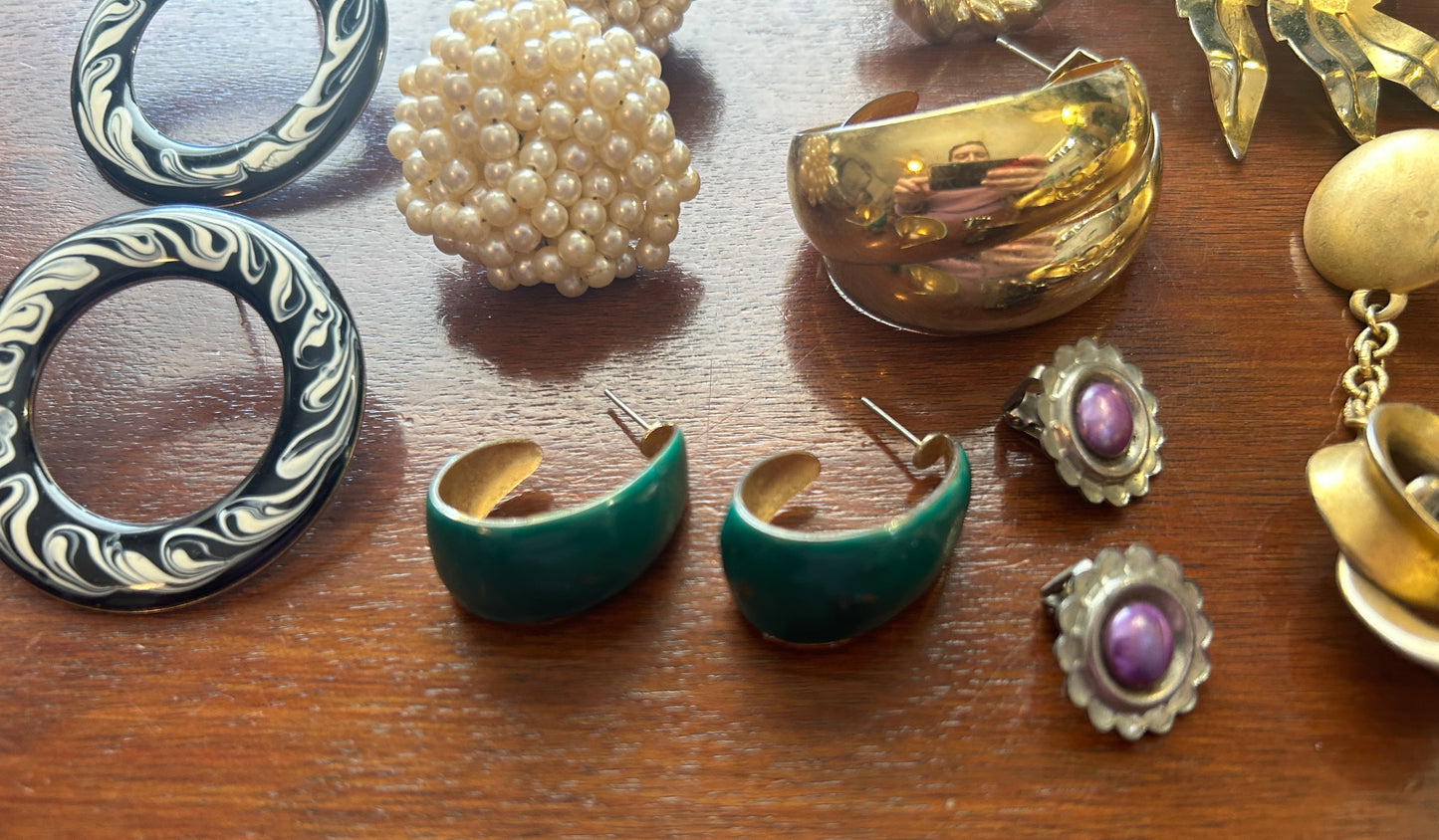 Vintage 80's Pierced Earring Lot Dangly Runway Pearl Cluster Swirl Enamel Gold