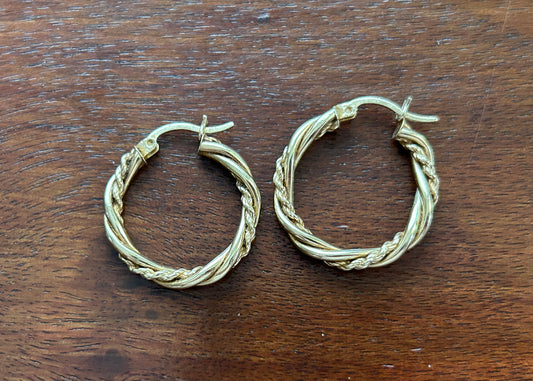 14k Yellow Gold Rope Twist Hoop Earrings Medium Size Signed ECL