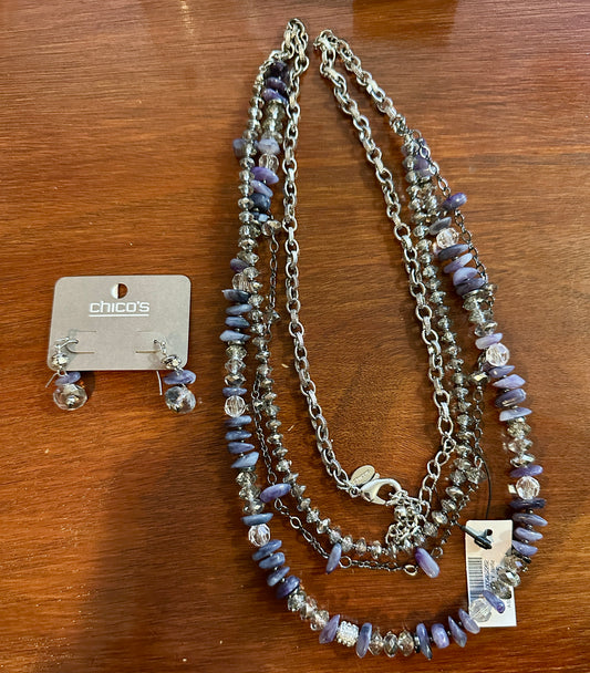 Chicos Jewelry Set Silver Tone Multistrand Chain Purple Bead Necklace Earrings