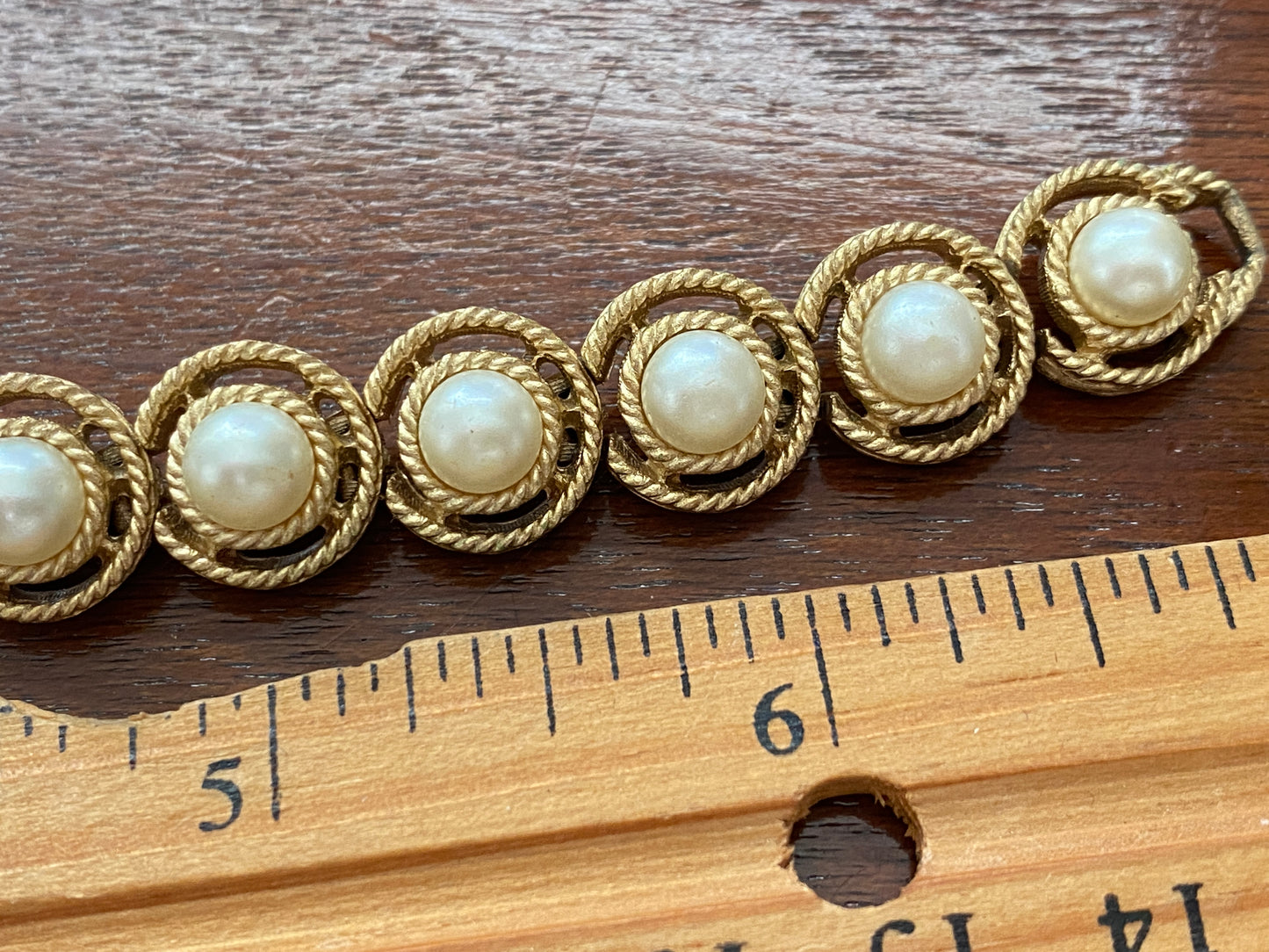 Vintage Trifari Gold Tone Textured Faux Pearl Bracelet