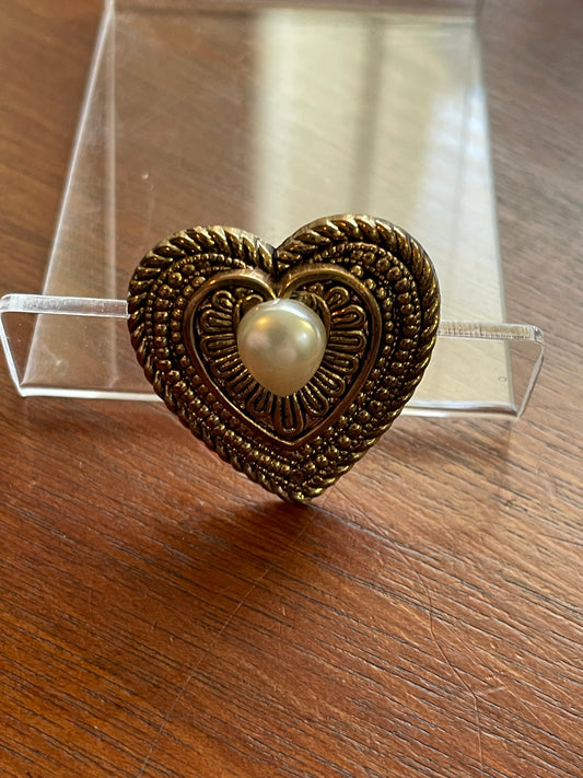 Vintage Gold Tone Heart Brooch Made in Taiwan Faux Pearl Center