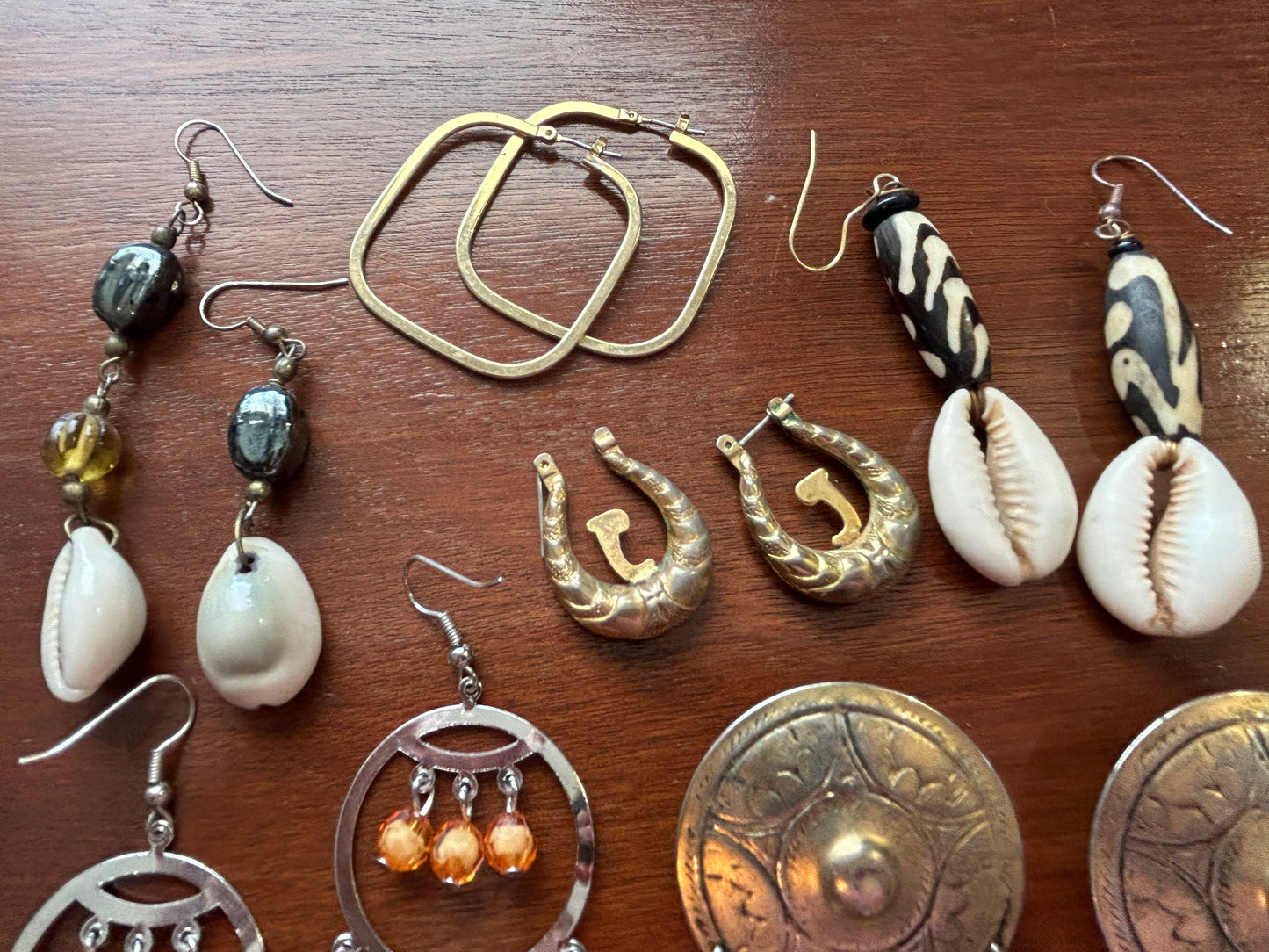 Vintage to Now Boho Beaded Artist Made Pierced Earrings Shell Chandelier Gold
