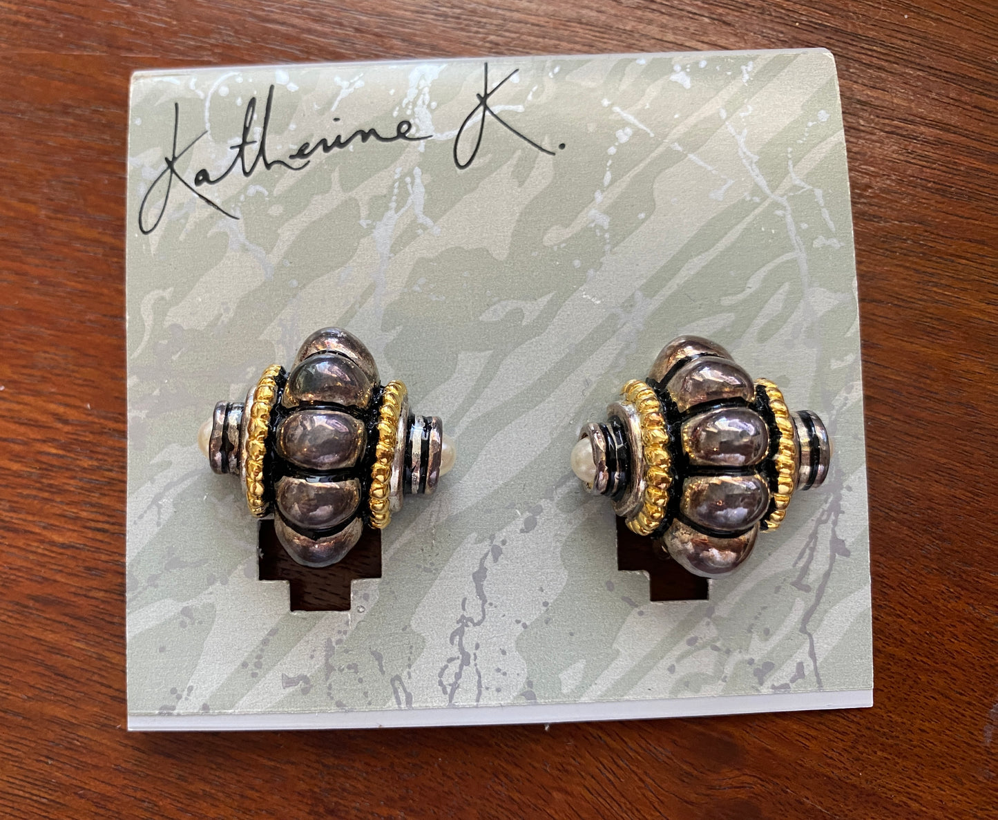 Vintage Katherine K Silver Gold Tone Faux Pearl Etruscan Clip on Earrings