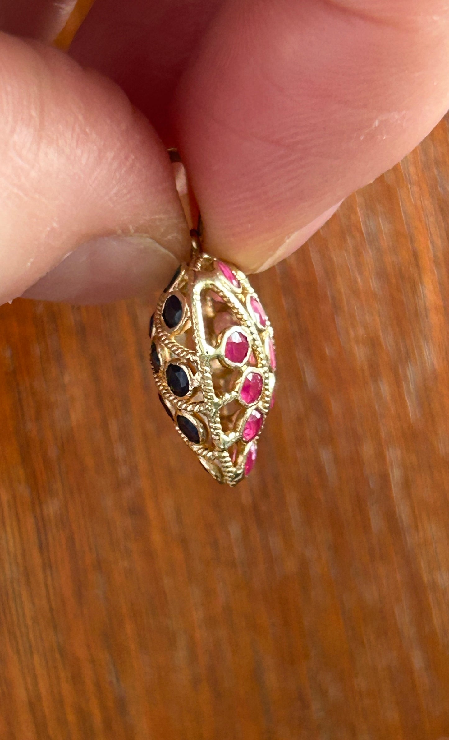 14k Yellow Gold Ruby Sapphire Reveresible Puffy Open Work Heart Necklace Pendant