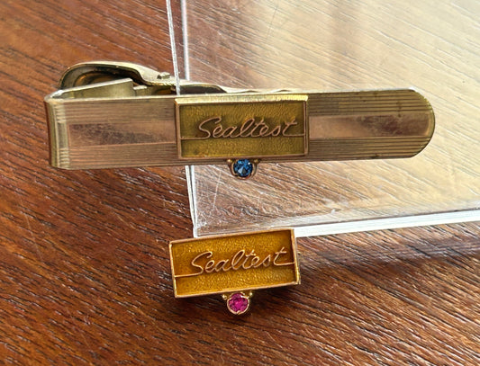 Set of 2 SEALTEST Employee Advertising Lapel Pin and Tie Clip 10k Gold Top