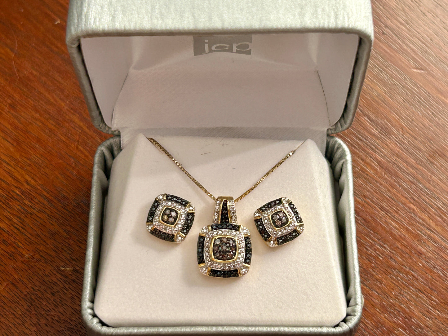 14k Yellow Gold Sterling Silver Champagne Black Diamond Necklace Earrings Set