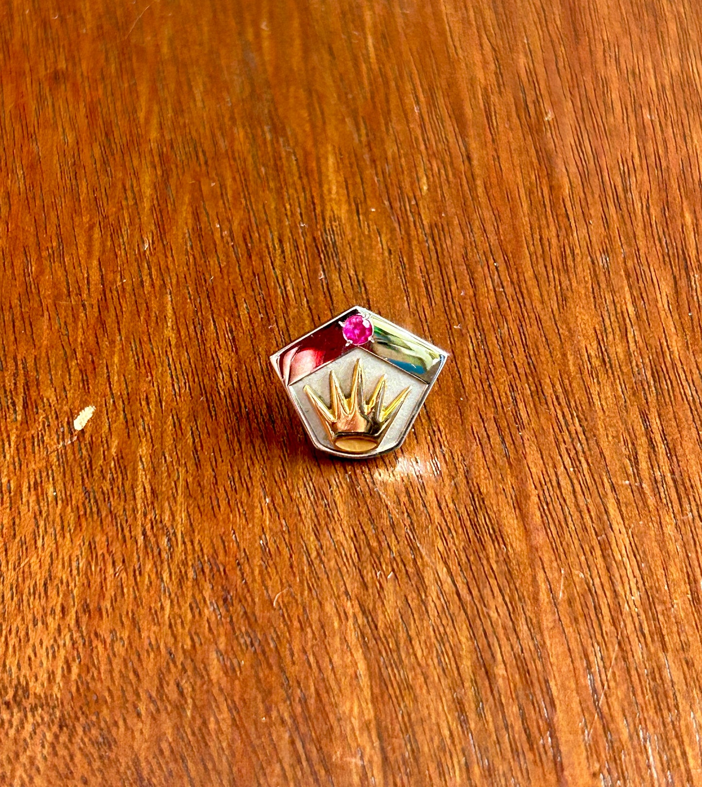 Vintage 10k White Yellow Gold Ruby Crown Lapel Pin Pinback