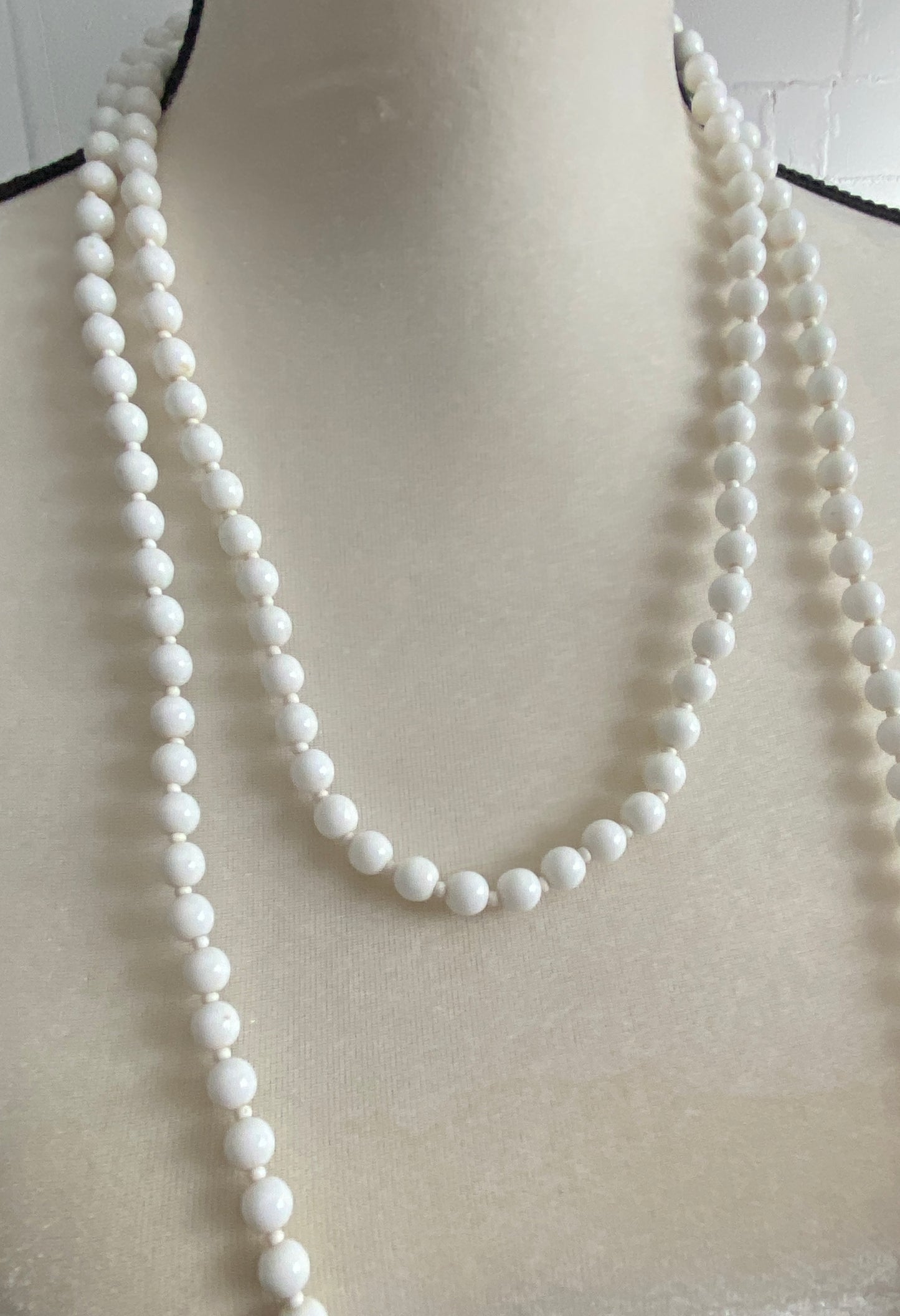 Vintage Milk Glass Opera Length Bead Necklace Bamboo Style Clasp