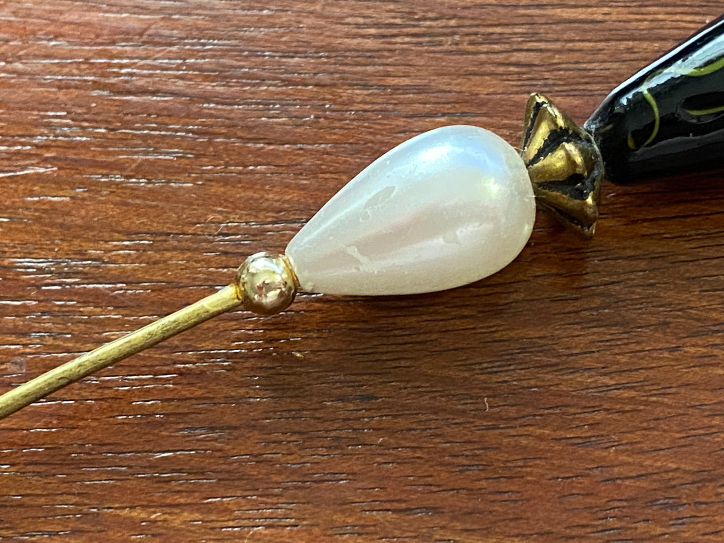 Vintage Art Glass Faux Pearl Large Long Hat Stick Pin