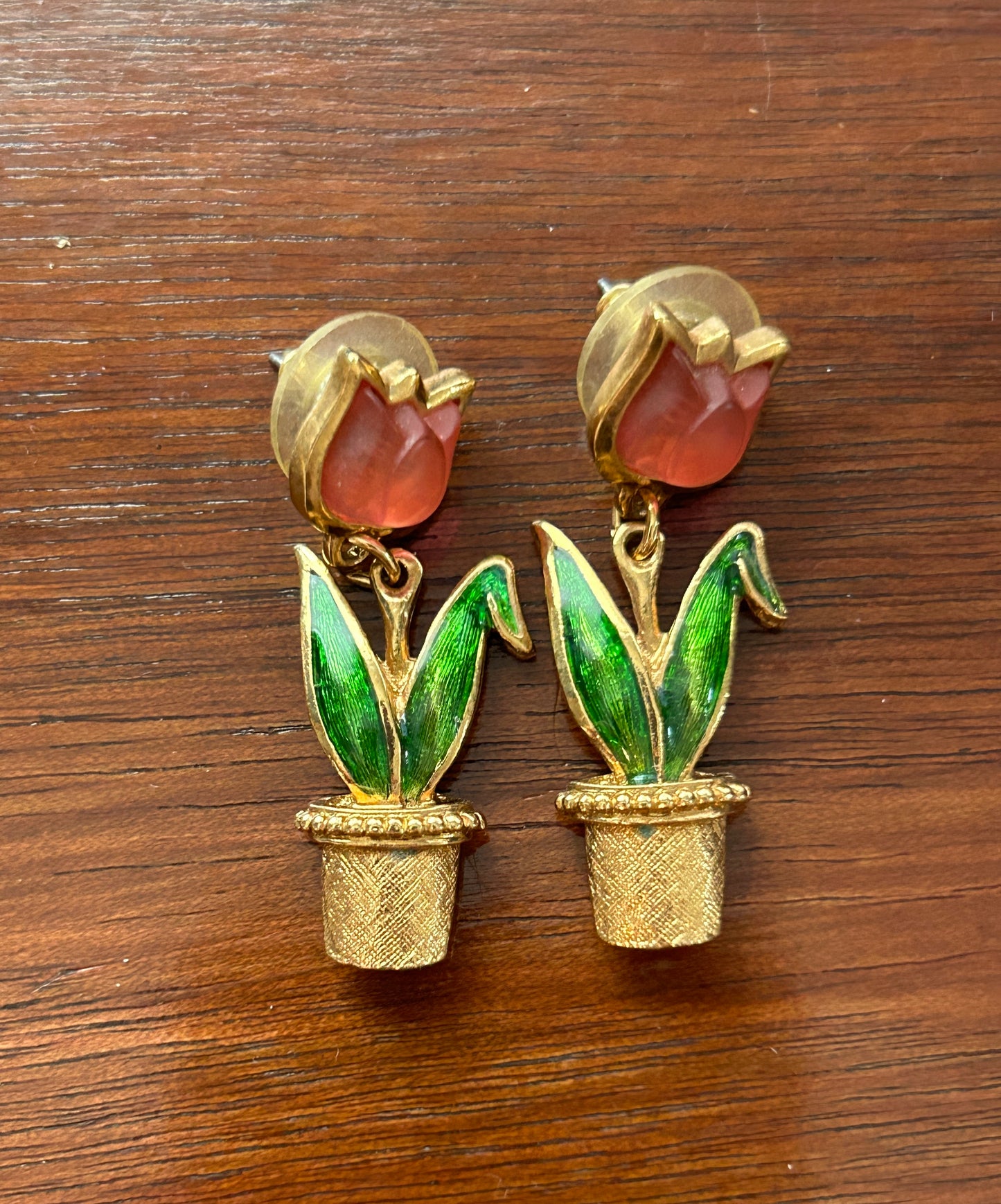 Vintage Avon Dangly Drop Gold Tone Green Pink Lucite Flower Pot Pierced Earrings