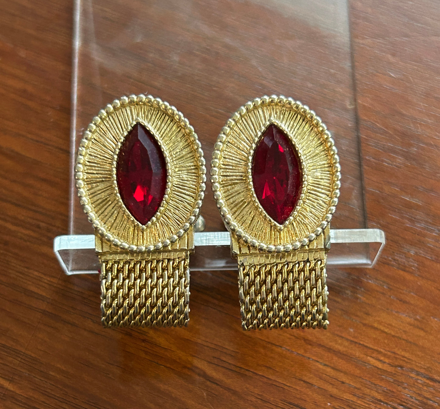 Vintage Swank Gold Tone Marquise Red Rhinestone Mesh Cufflinks