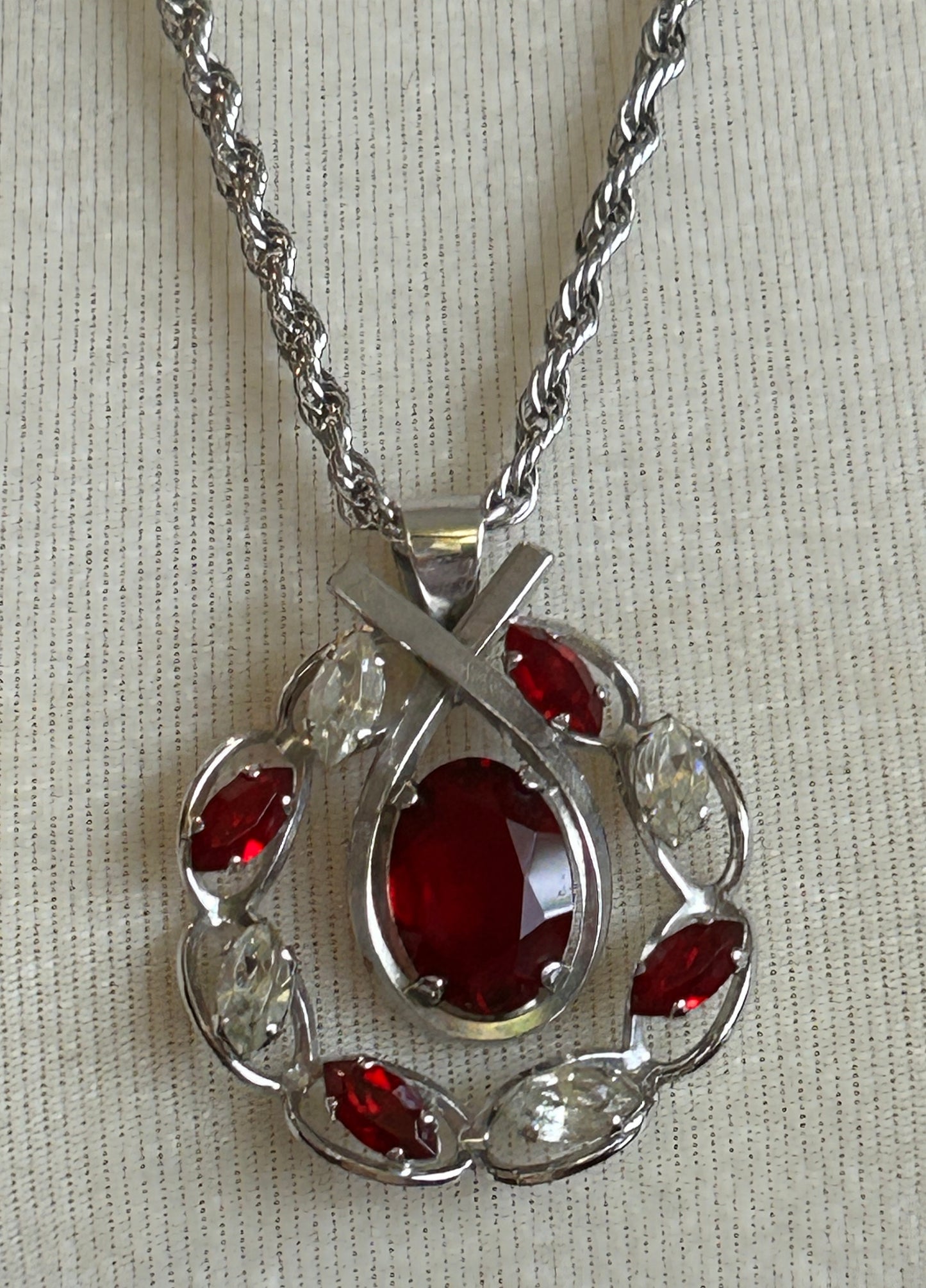 Vintage Van Dell Sterling Silver 925 Pear Marquise Red Rhinestone Pendant Necklace