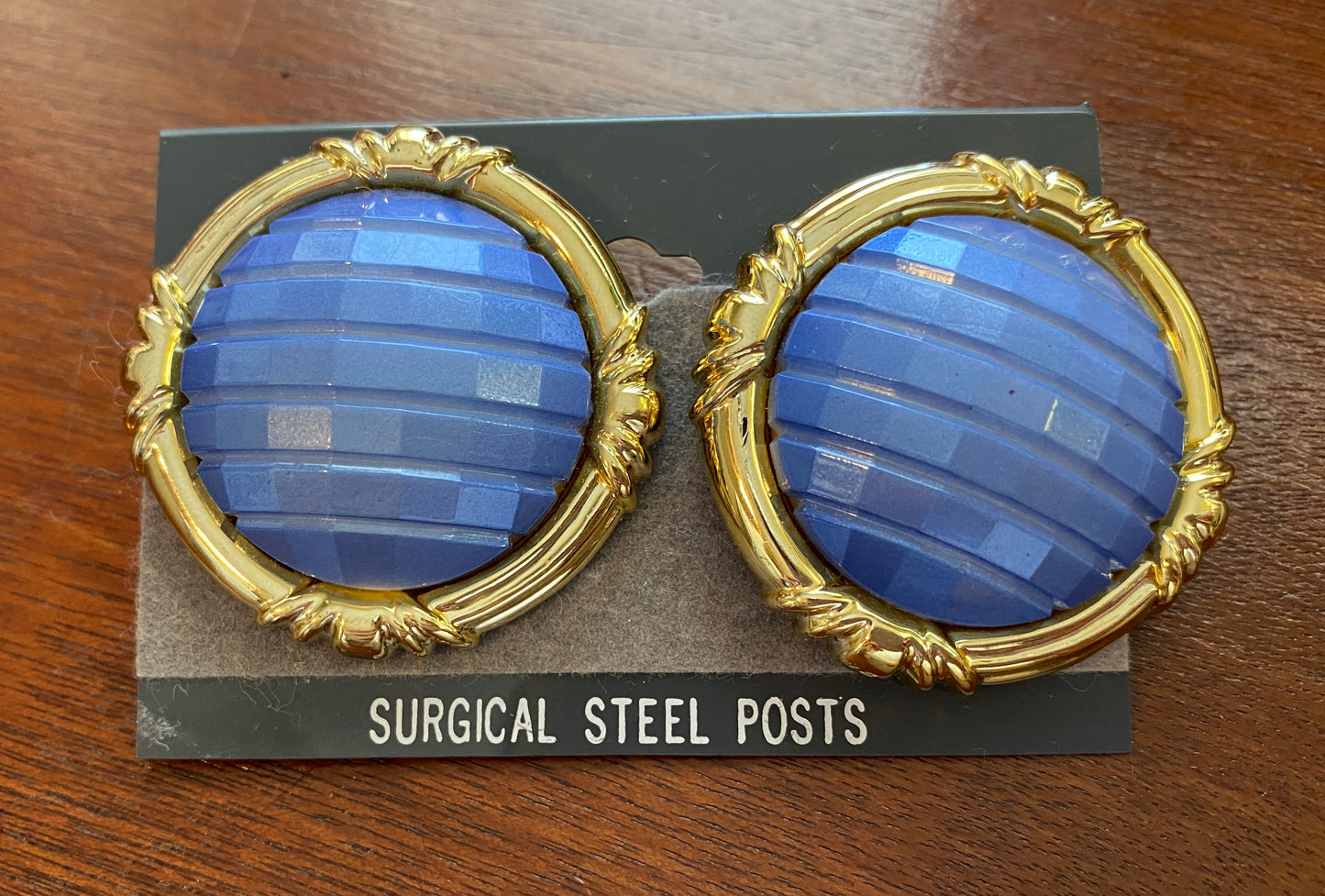 Vintage Gold Silver Tone Faceted Blue Pierced Earrings