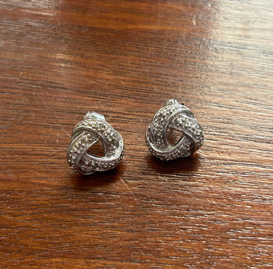 Sterling Silver 925 1/10ctw Diamond Celtic Love Knot Twist Pierced Stud Earrings