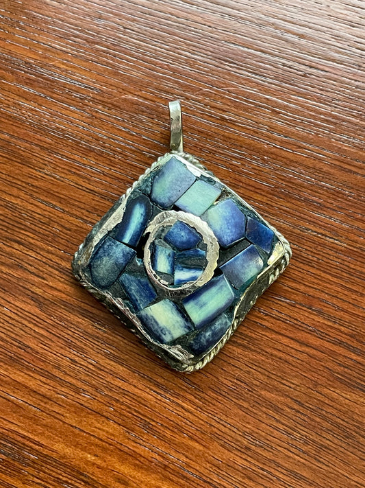 Vintage Silver Tone Blue Stone Inlay Necklace Pendant