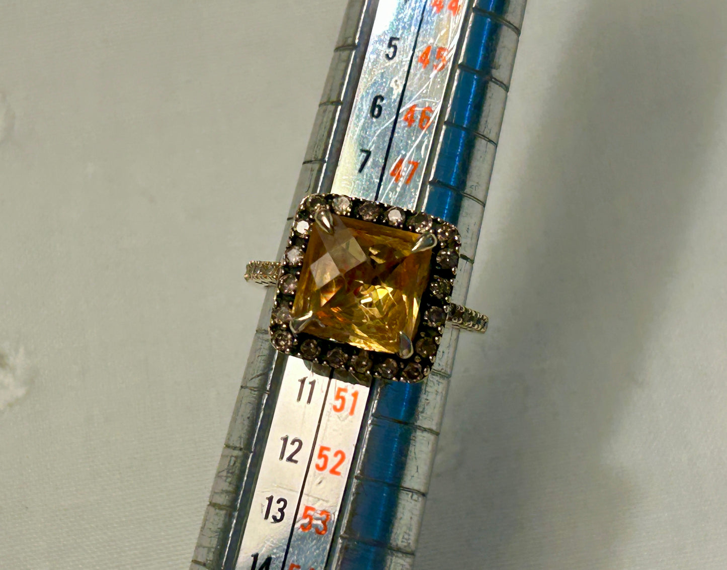 14K Yellow Ring Gold Square Cut Citrine With Chocolate Diamond Halo Signed