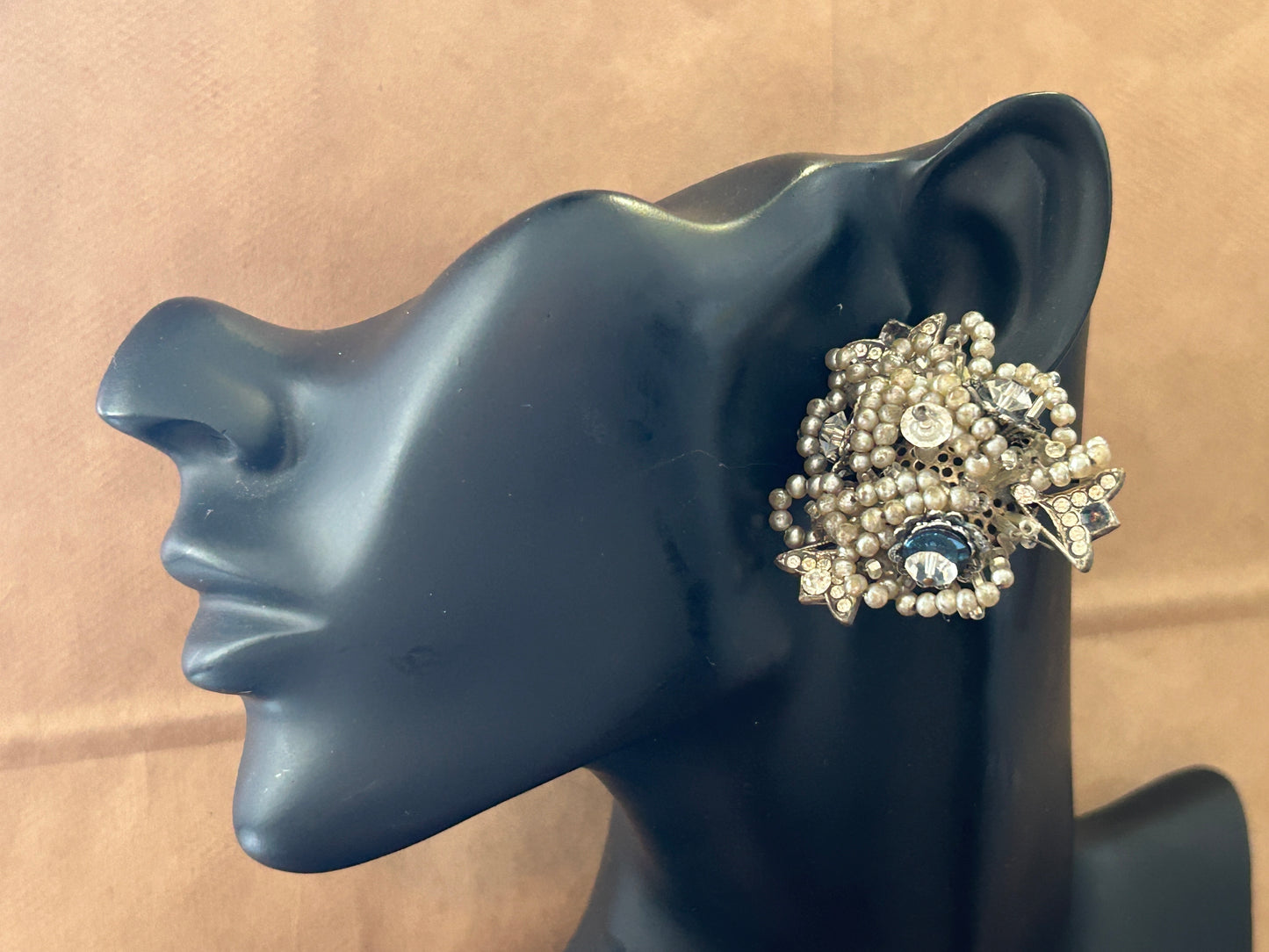 Vintage Rhinestone Beaded Silver Grey Over Sized Clip On Earrings