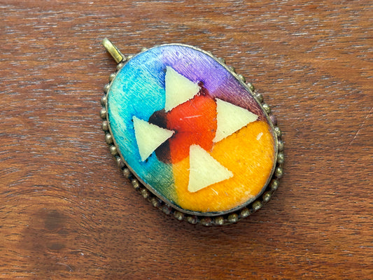 Vintage Brass Tone Frame Mosaic Painted Geometric Necklace Pendant
