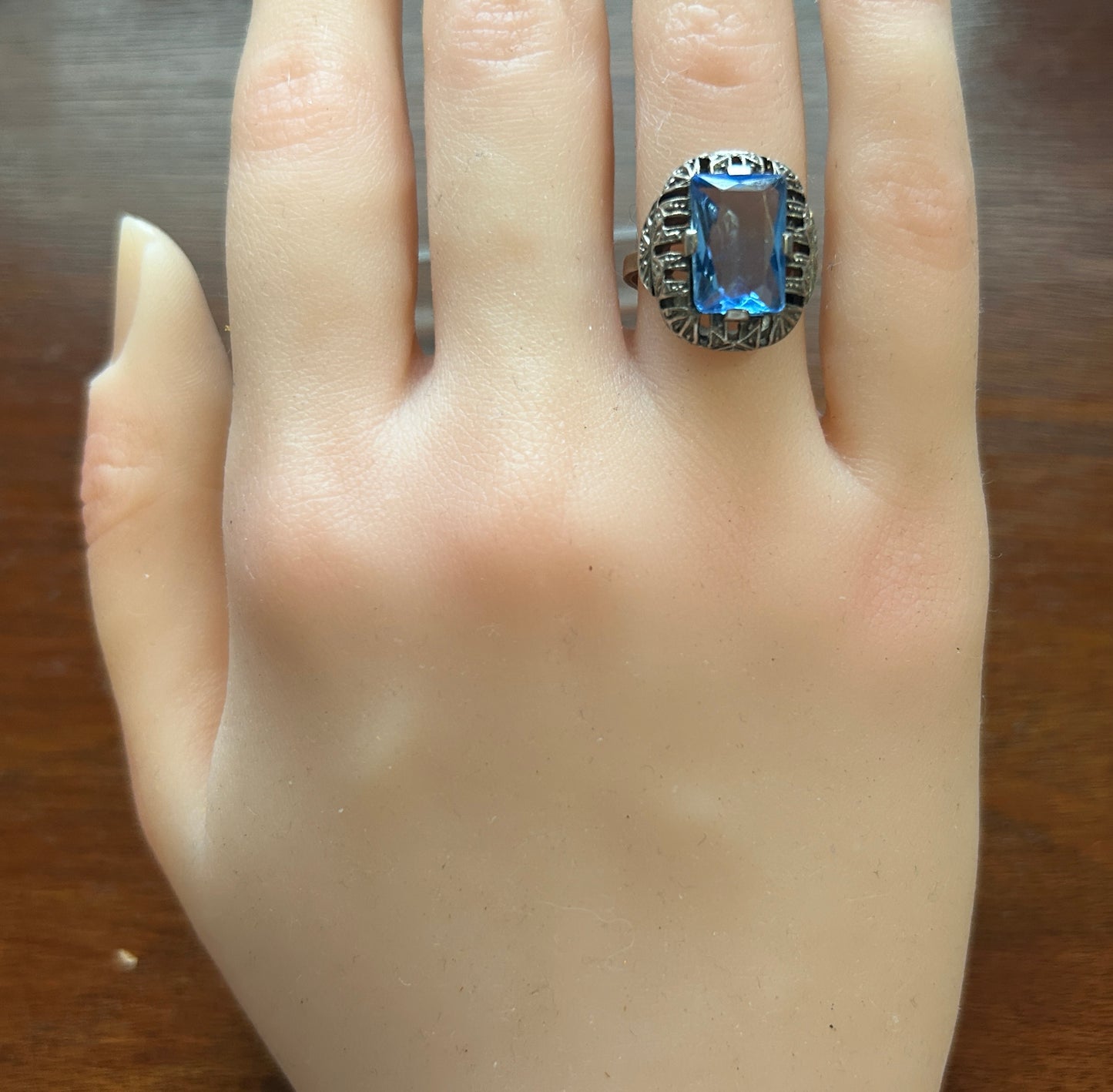 Art Deco Style Blue Glass 835 Silver Ring Sz 6.25