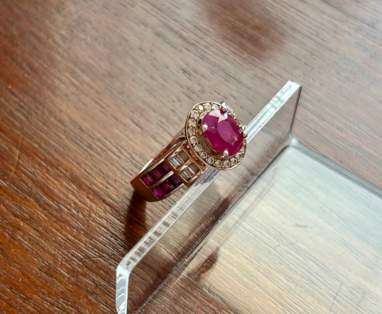 14k Rose Gold Oval Cut Red Ruby Diamond Halo Ring Sz 6