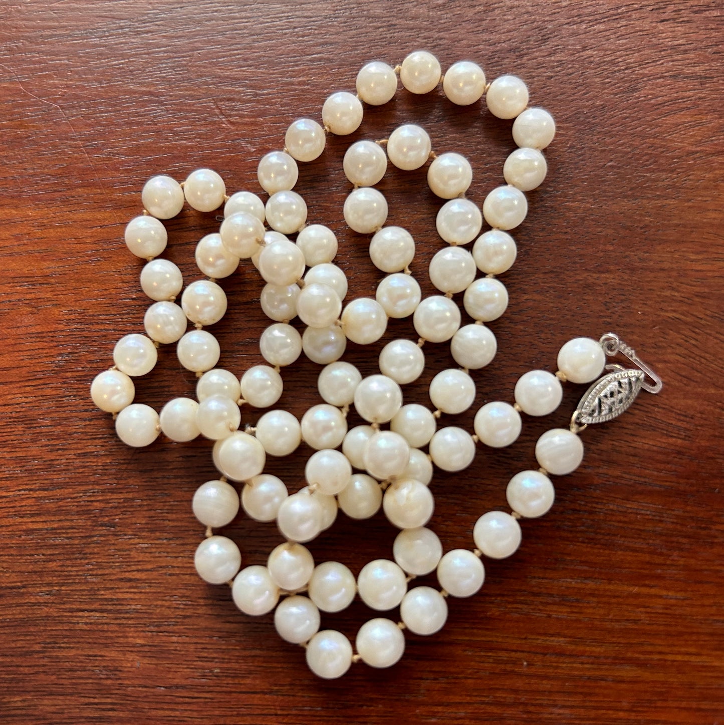 Vintage 6mm Real Pearl Single Strand Necklace 14k White Gold Clasp 25.5" Long