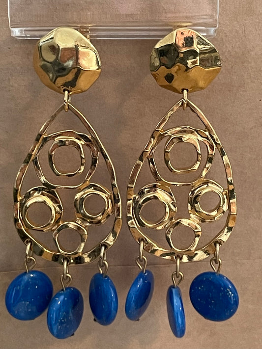 Vintage Avon Gold Tone Faux Blue Lapis Chandelier Clip on Earrings