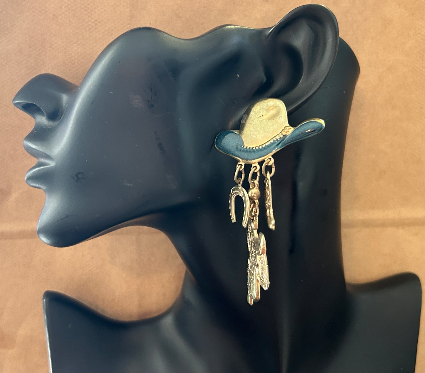 Vintage Metal Blue Enamel Saddle Boots Horseshoe Hat Cowgirl Pierced Earrings