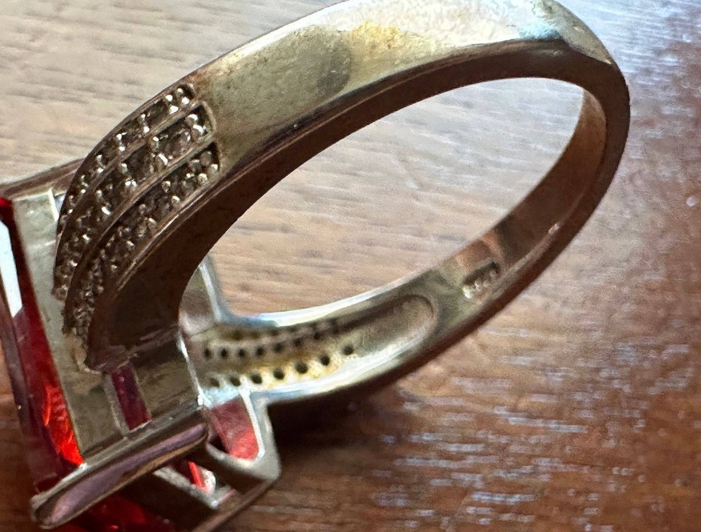 Sterling Silver 925 Large Rhinestone Emerald Cut Red Stone Cocktail Ring Sz 12