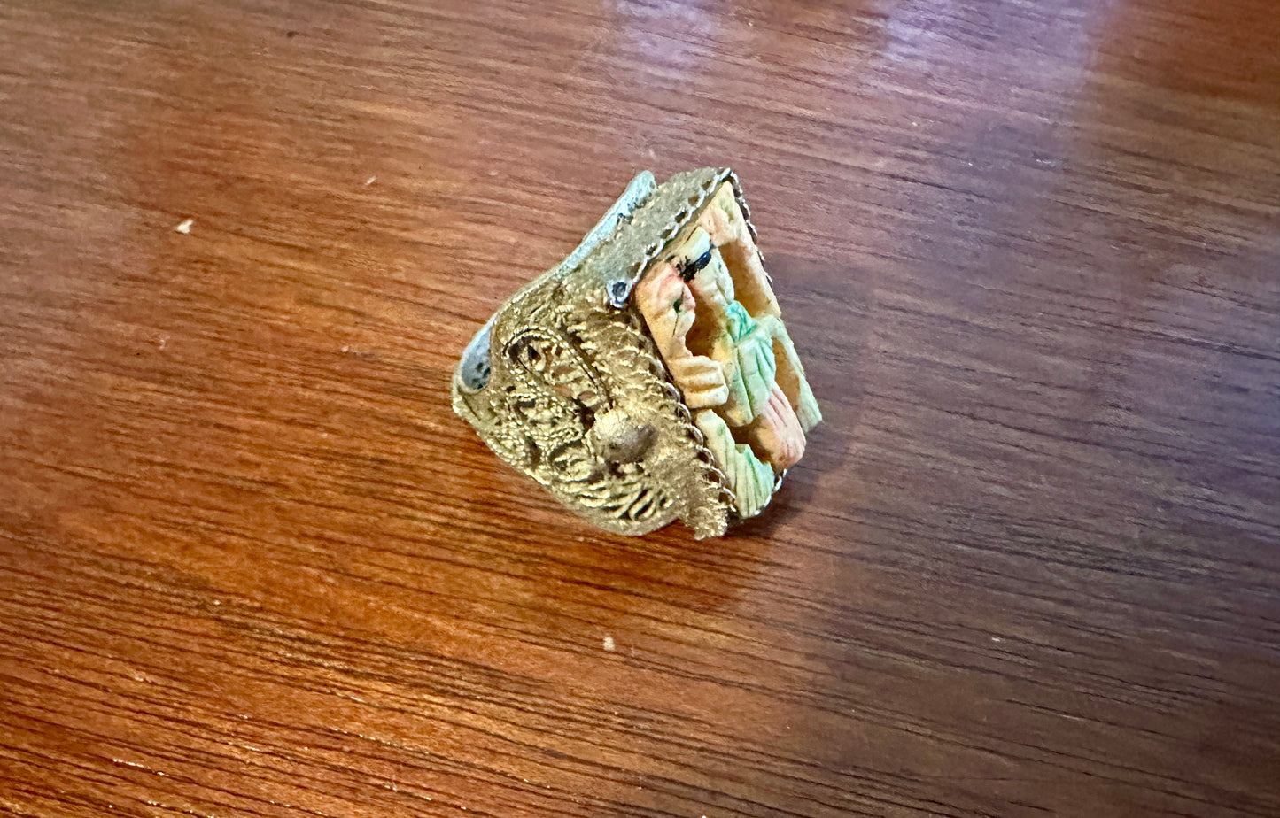 Vintage Silver Tone Filigree Carved Scene Adjustable Ring