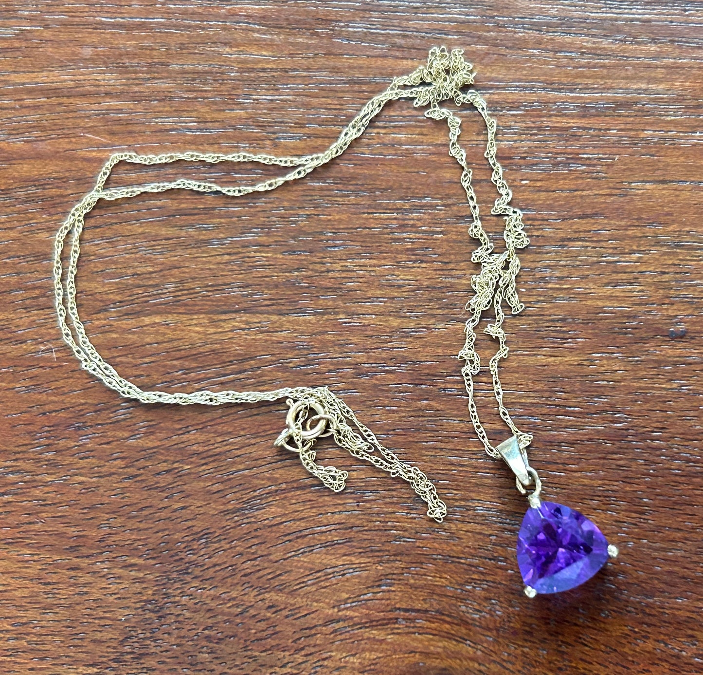 10k Yellow Gold Trillion Cut Amethyst Pendant Necklace Chain