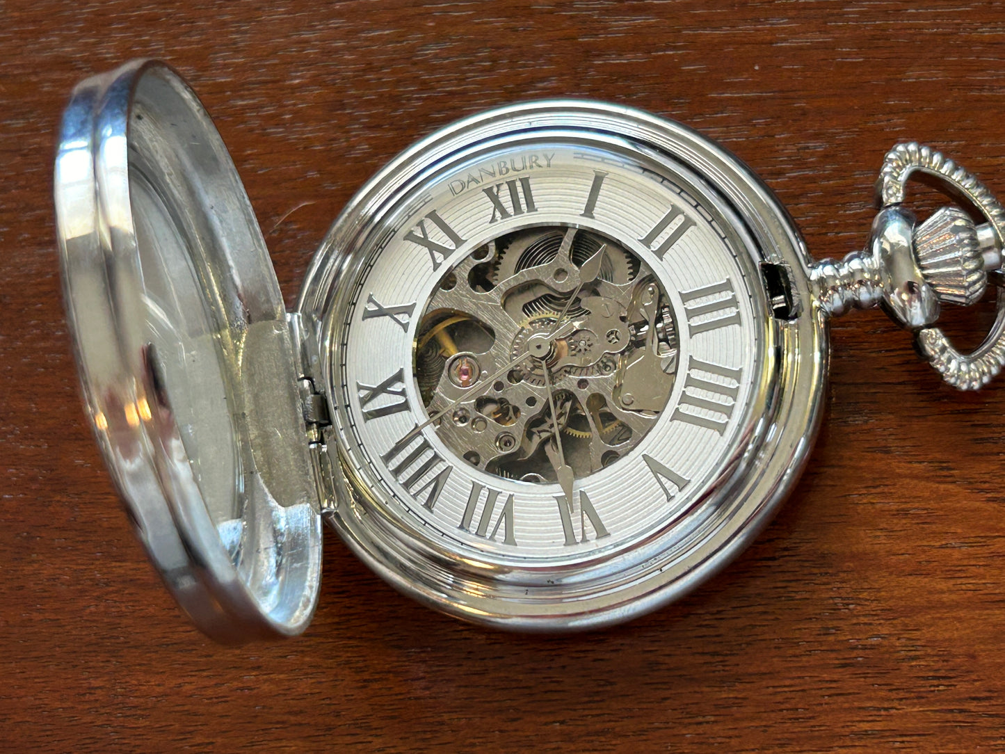 Danbury Mint Silver Tone Skeleton Pocket Watch Manual Wind