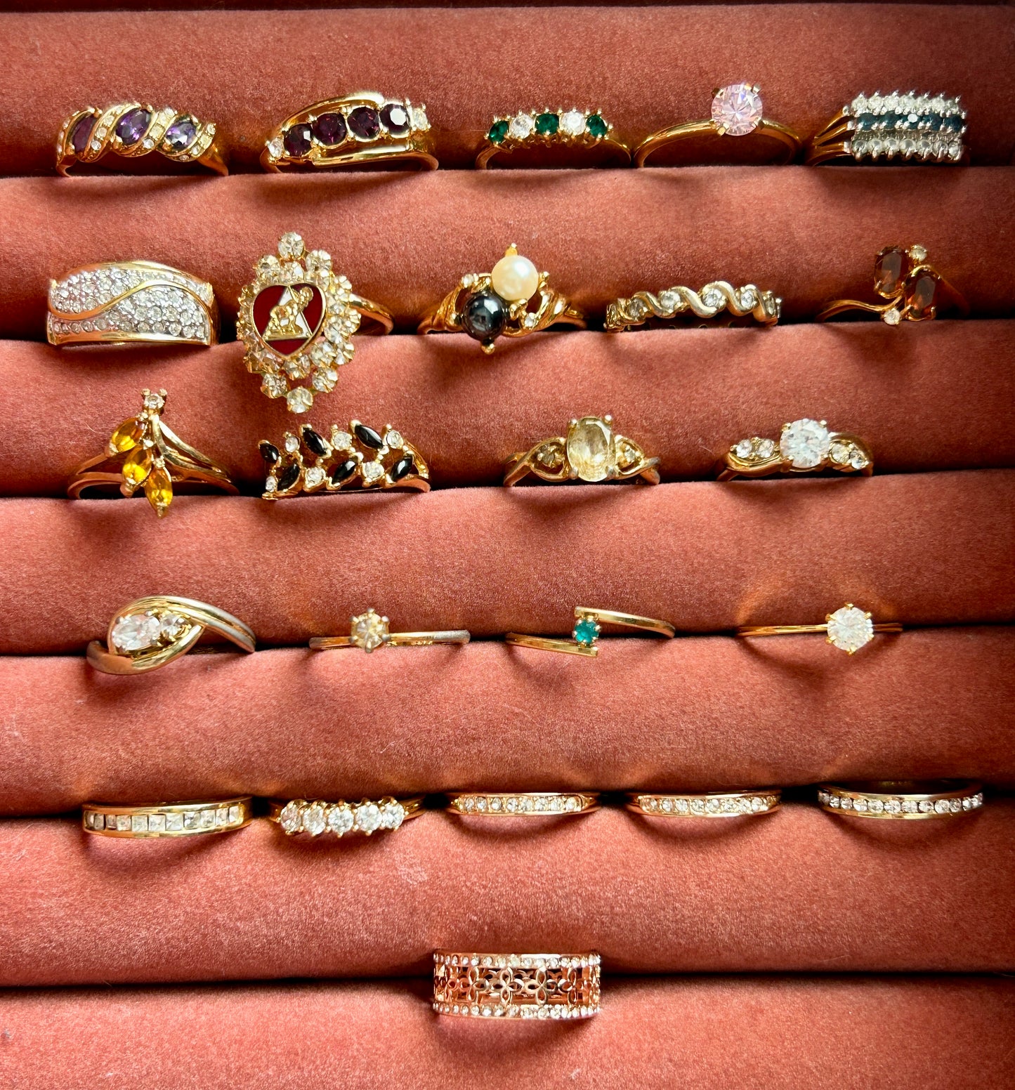 Lot of 24 Vintage to Now Gold Tone Plate Rings Rhinestone Engagement Bands Stone