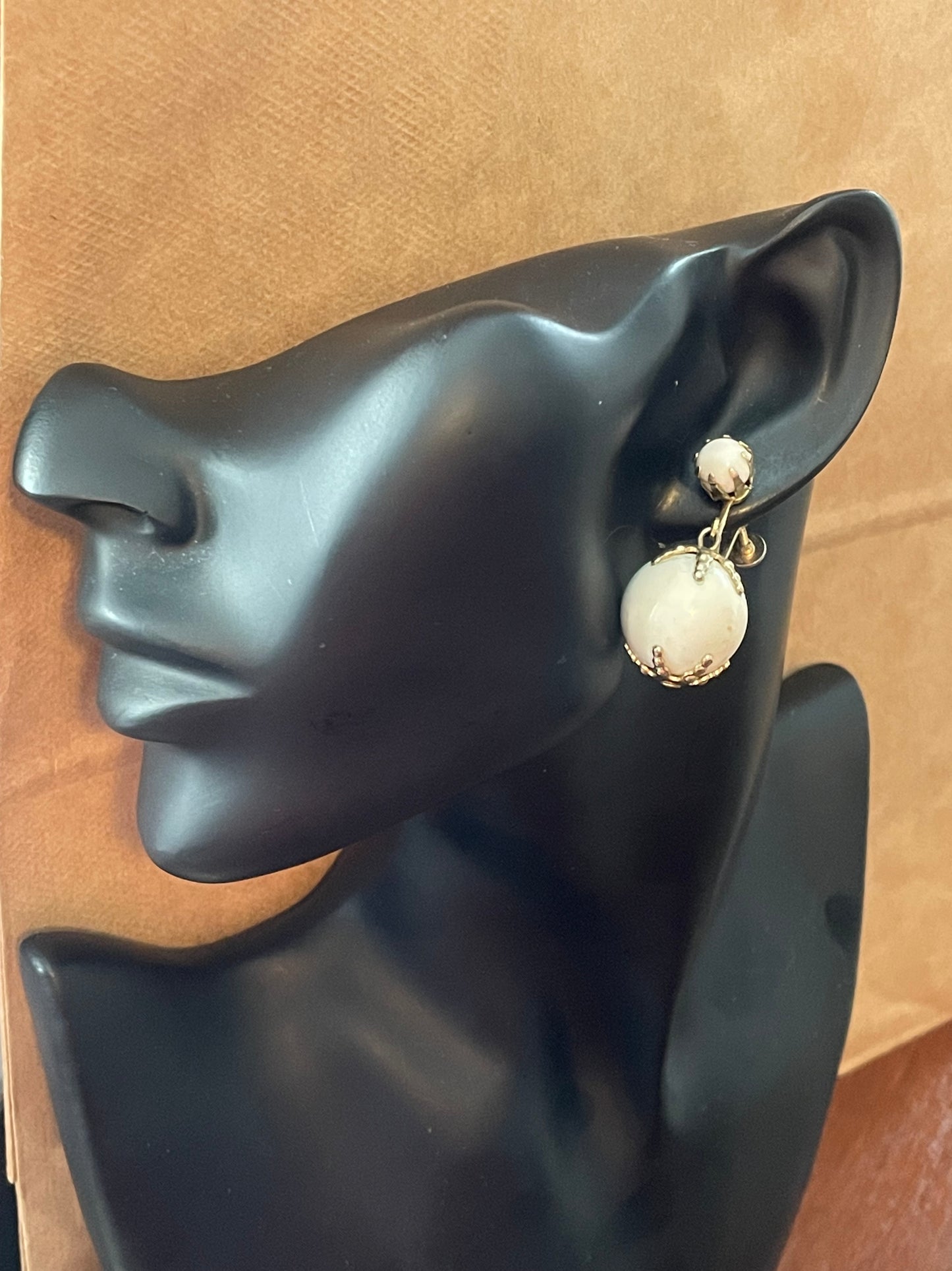 Vintage White & Gold Tone Orb Dangle Earrings & Charm Screw Back