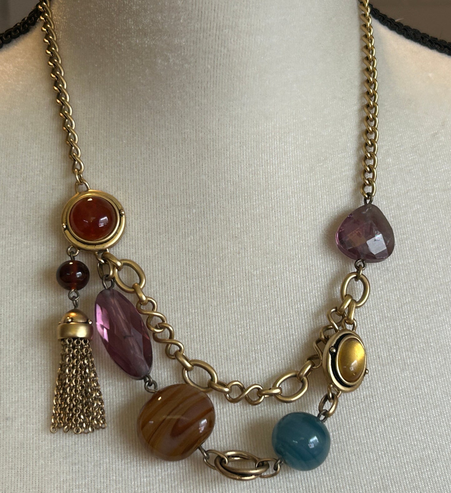 NW Brushed Gold Tone Multicolor Glass Cabochon Chain Necklace