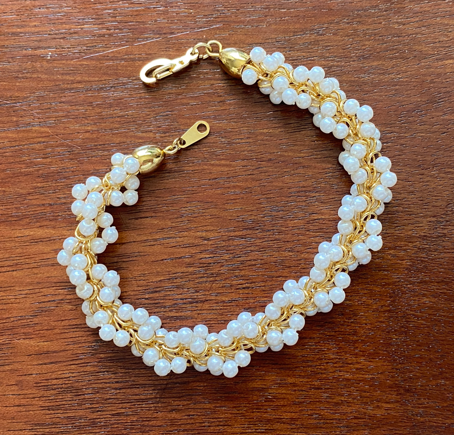 Gold Tone Faux Seed Pearl Bracelet Chain