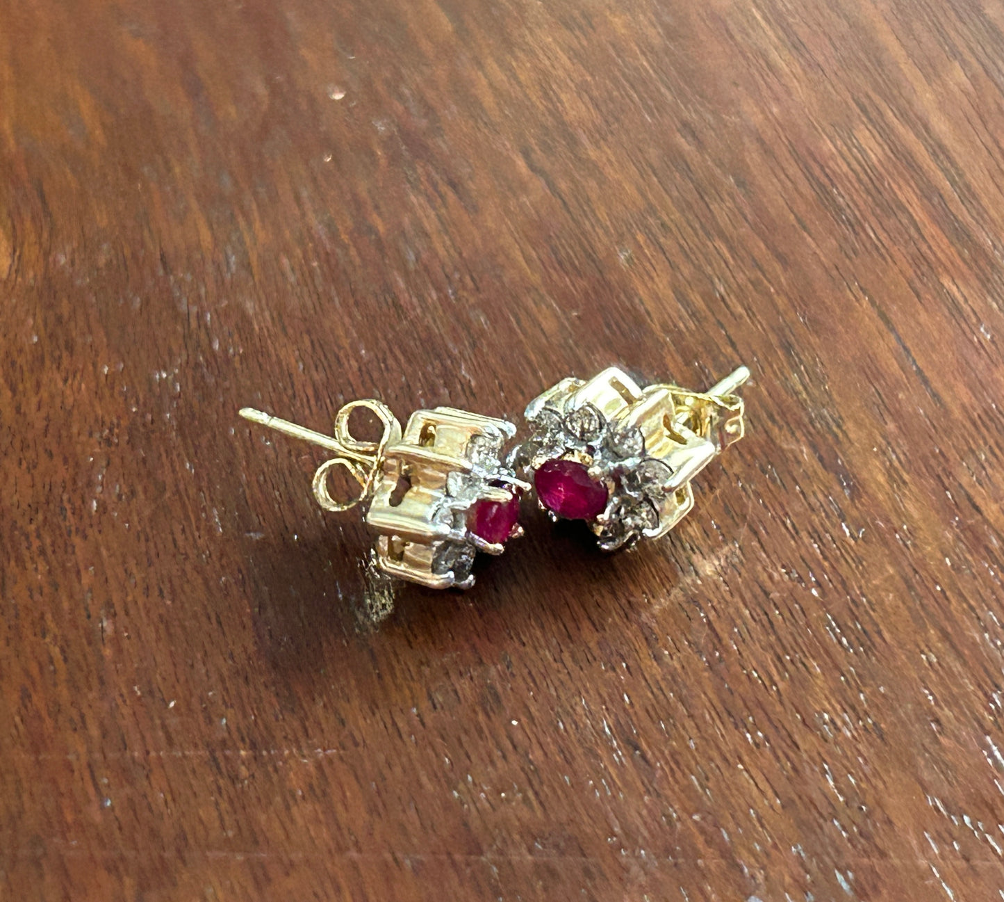 14k Yellow Gold Oval Ruby Diamond Halo Stud Pierced Cluster Earrings