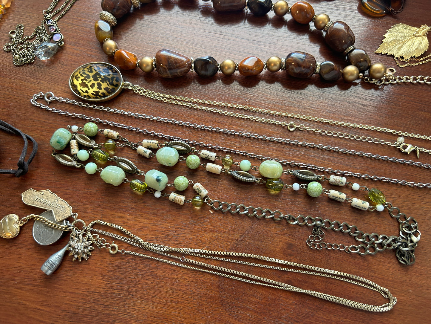 Vintage to Now Earth Tone Jewelry Lot Beads Pendants Leaf Gold Leaf Heart & More