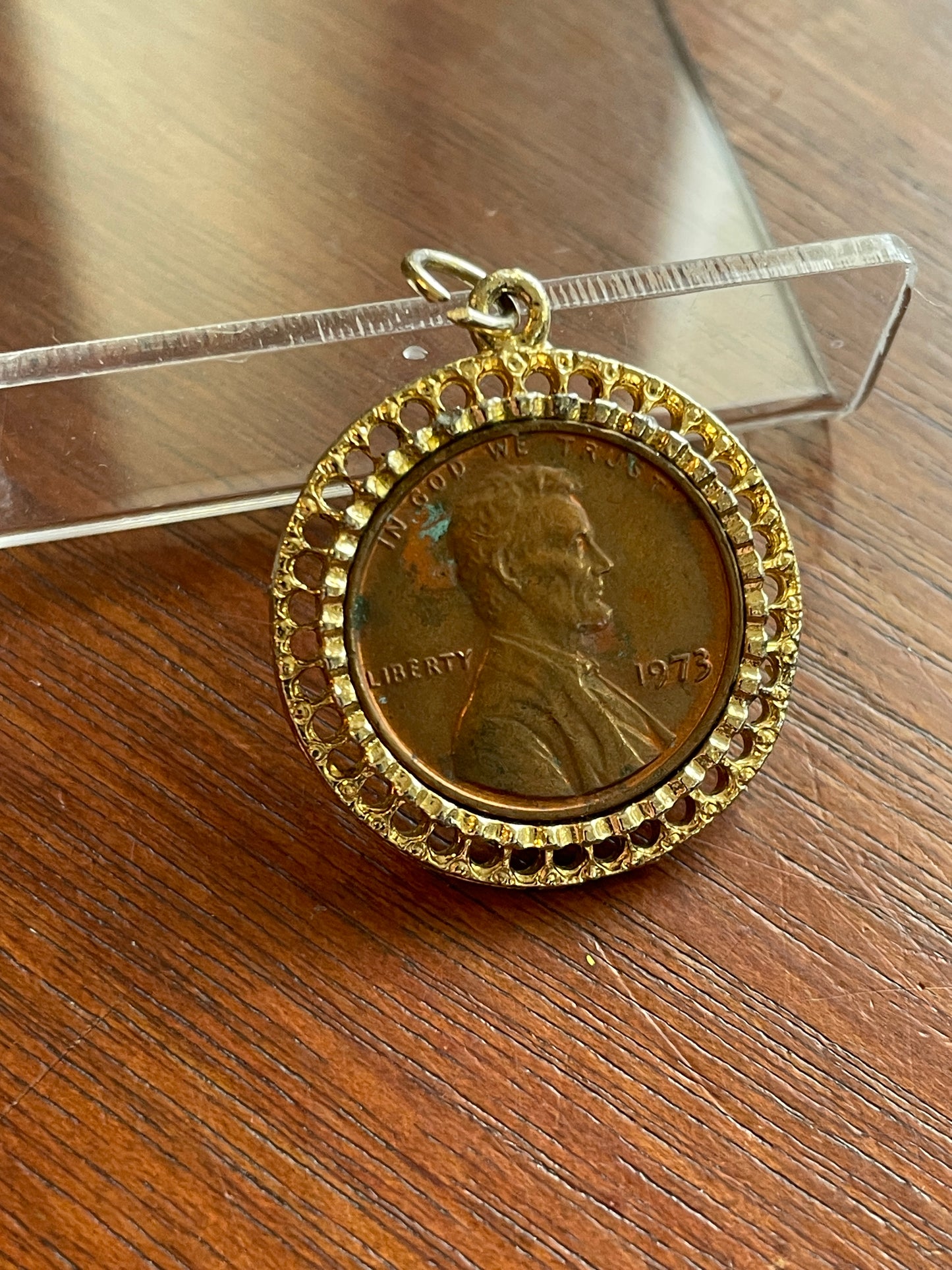 Vintage Gold Tone Framed 1973 Penny Pendant Charm