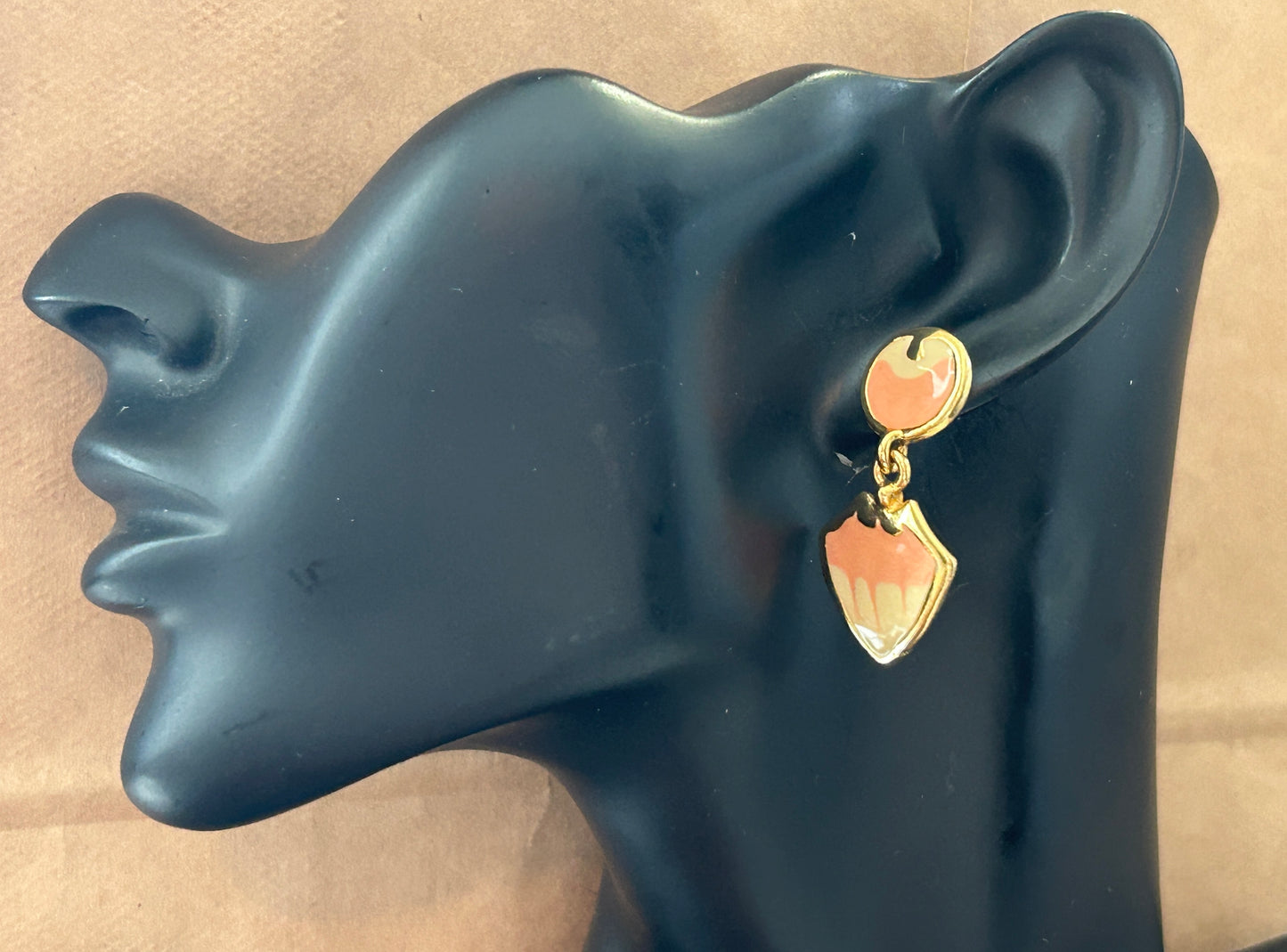 Vintage Gold Tone Enamel Pink Cream Drop Dangly Pierced Earrings