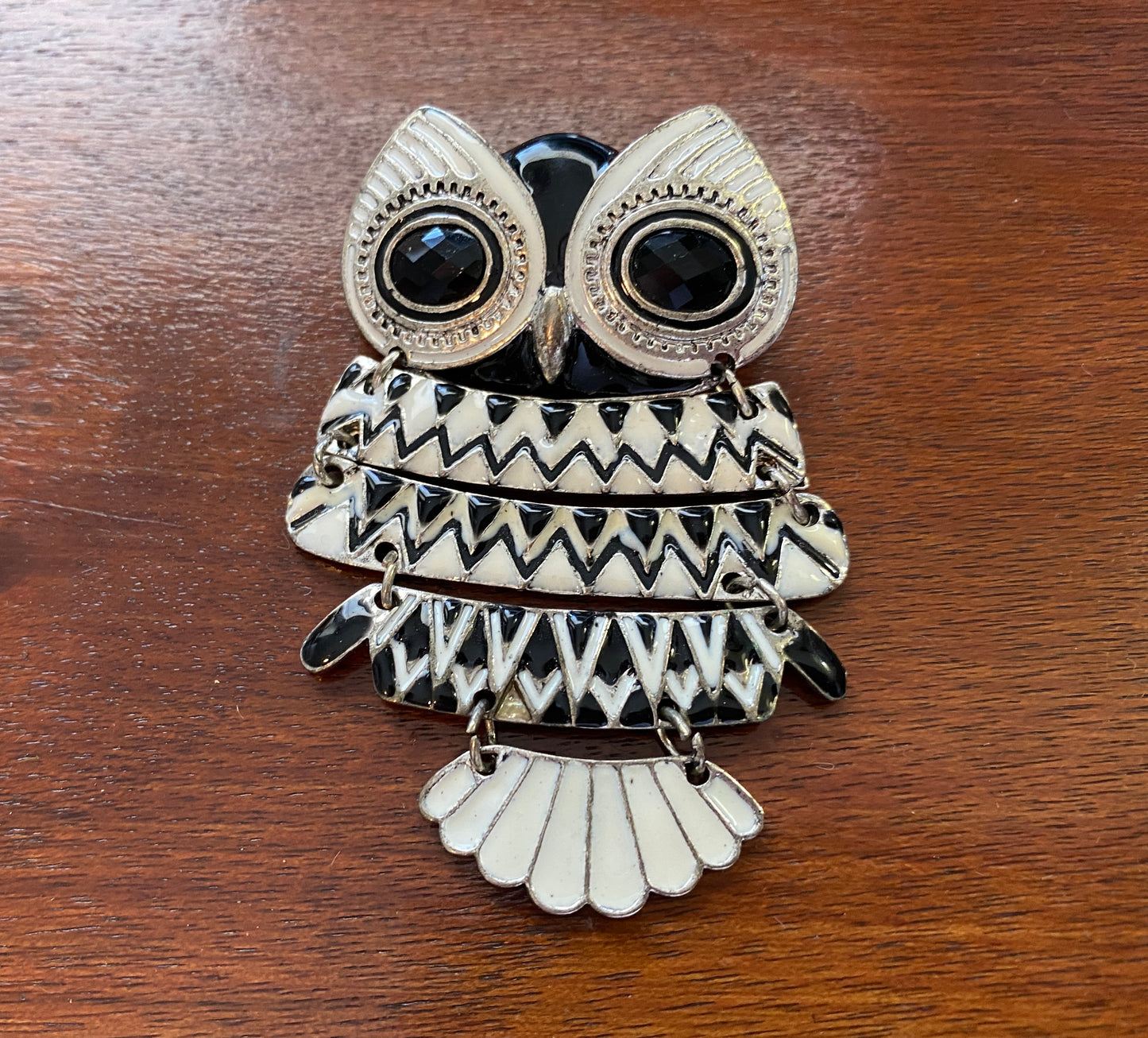 Vintage Black White Enamel Silver Owl Brooch Pin