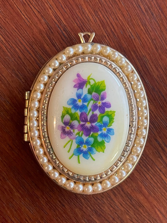 Vintage Gold Tone Porcelain Cabochon Violet Locket Pendant