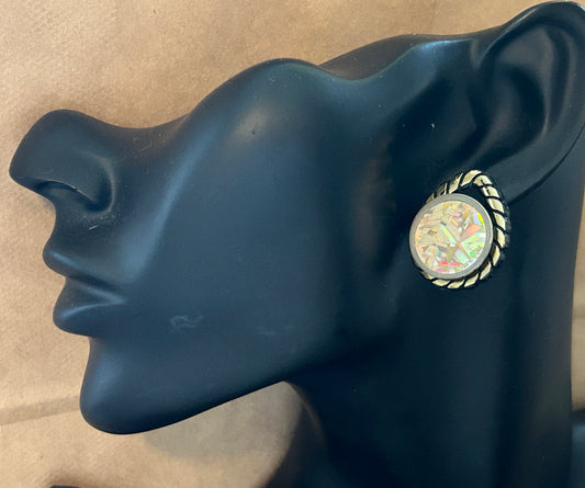 Vintage Magnetic Plastic Disco Disc Black Gold Pierced Earrings