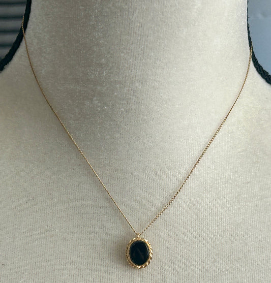 Vintage Signed KL 14k Yellow Gold Filled Chain Onyx Pendant Necklace 16" Long