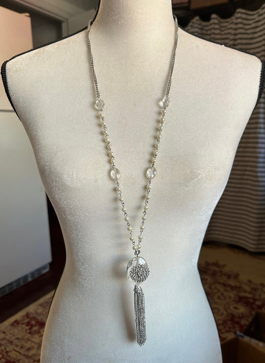 Silver Tone Chain Faux Pearl Rhinestone Opera Length Tassel Necklace
