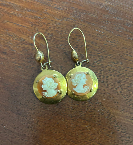 Vintage 10k Yellow Gold Real Cameo Drop Dangly Earrings