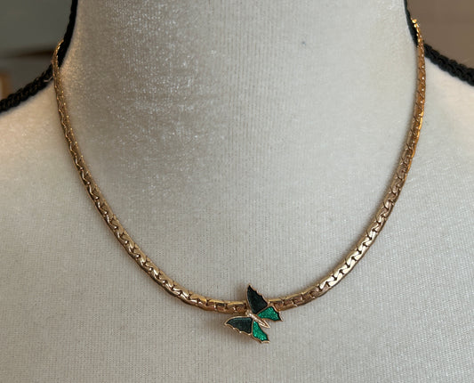 Vintage Gold Tone Collar Necklace Green Butterfly Pendant