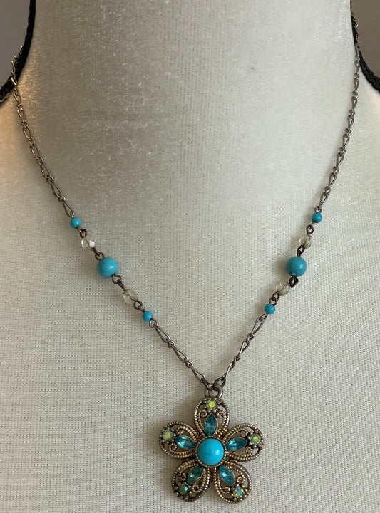 Vintage Silver Tone Faux Turquoise & Rhinestone Flower Pendant Necklace